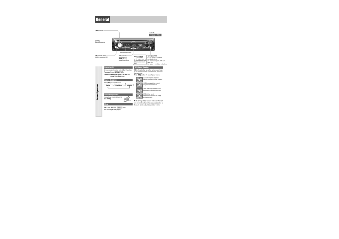 Panasonic CQ-CP134U specifications Operations 