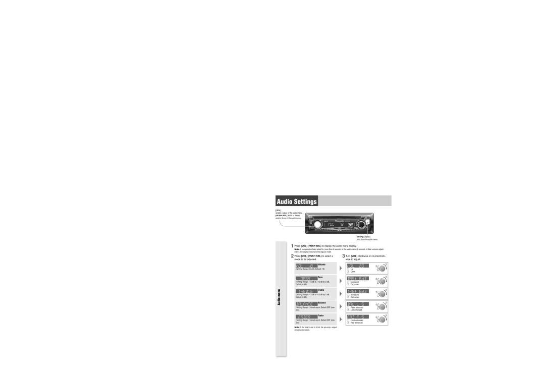 Panasonic CQ-CP134U specifications Audio Settings, Audio menu 