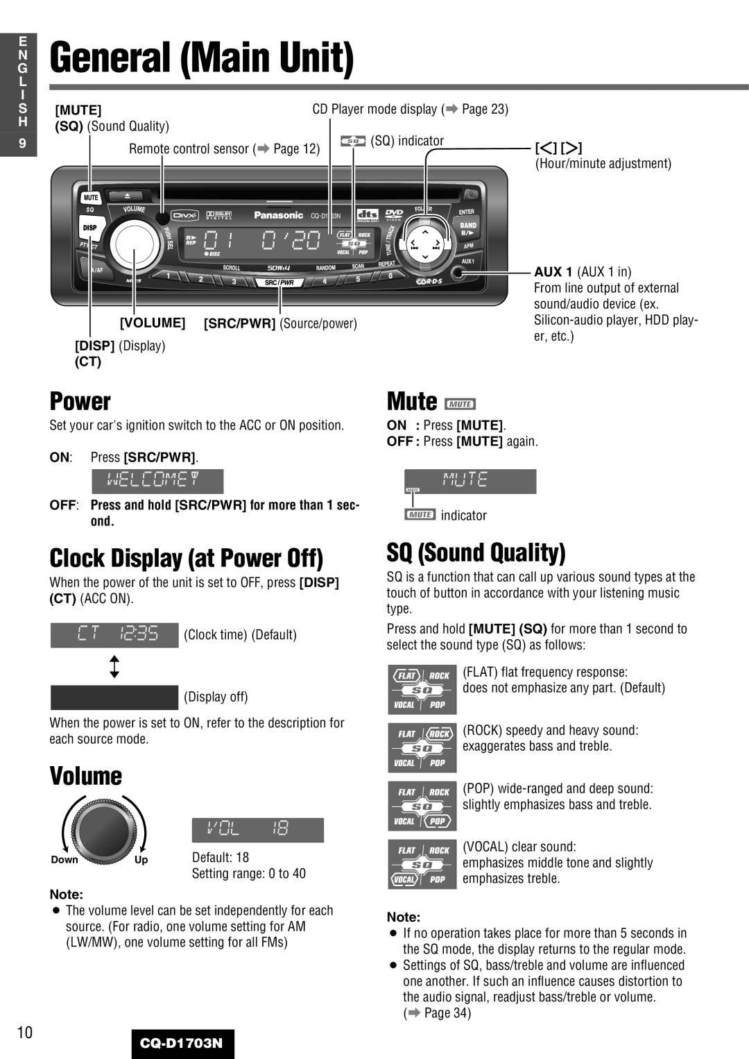 Panasonic CQ-D1703N manual General Main Unit, Power, Volume, Mute, SQ Sound Quality 