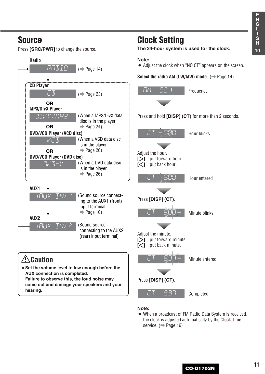 Panasonic CQ-D1703N manual Source, AUX1, AUX2, hour system is used for the clock 