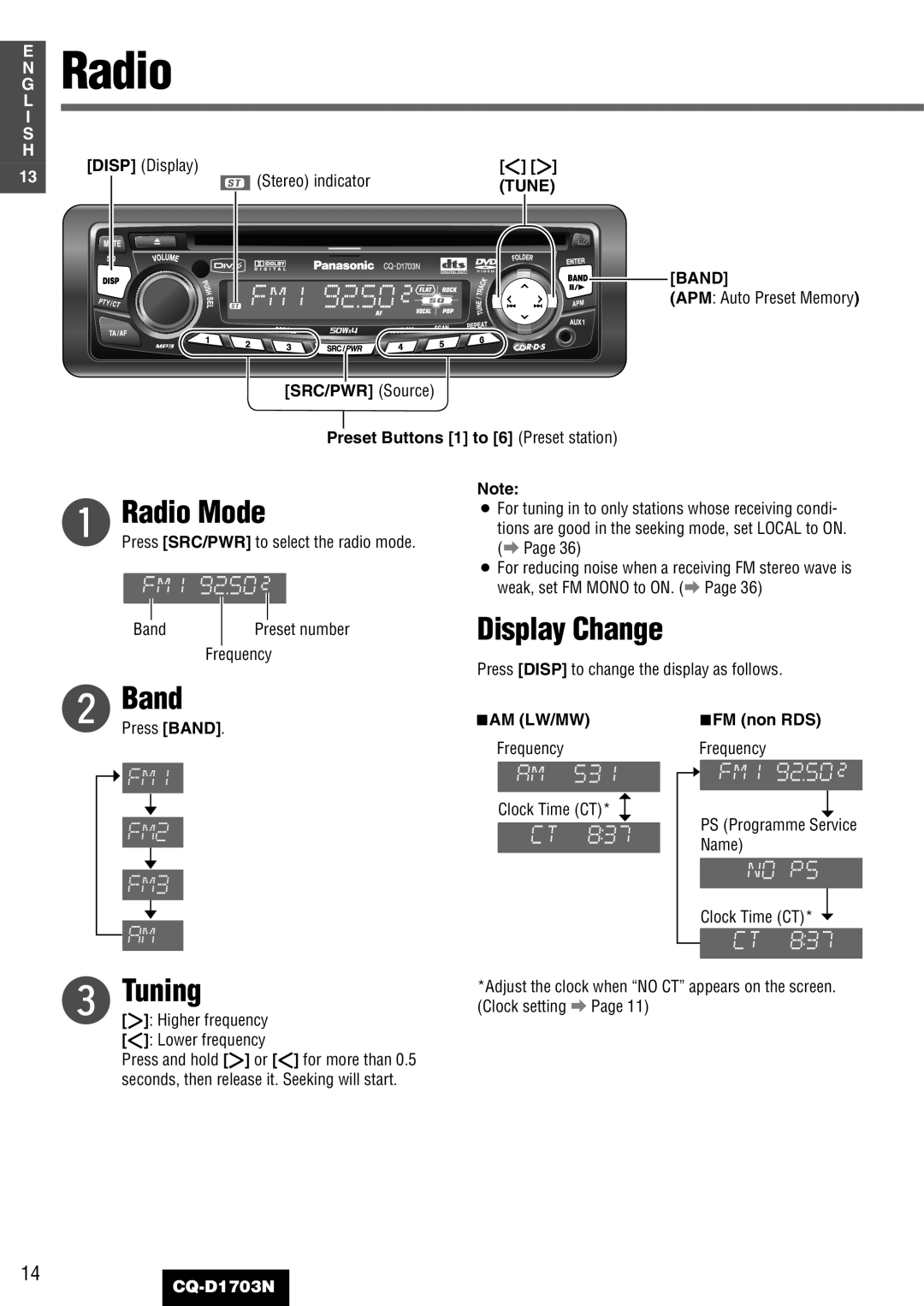 Panasonic CQ-D1703N manual Radio Mode, Band, Tuning 