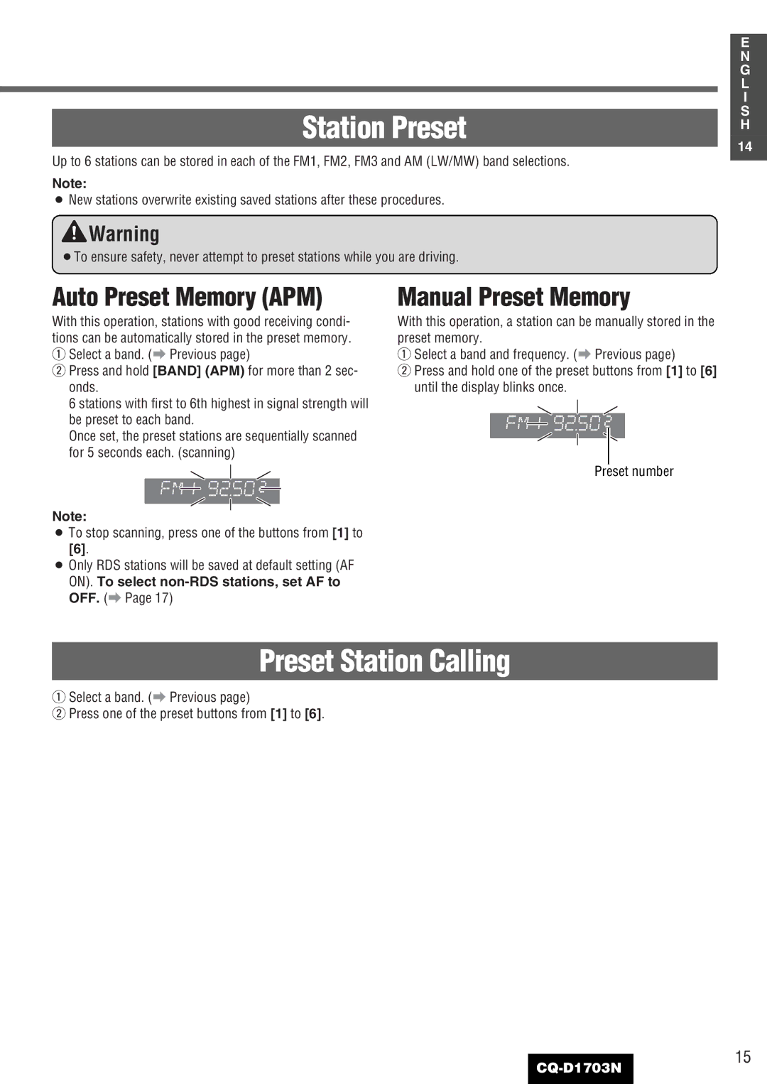 Panasonic CQ-D1703N manual Station Preset, Preset Station Calling, Auto Preset Memory APM, Manual Preset Memory 