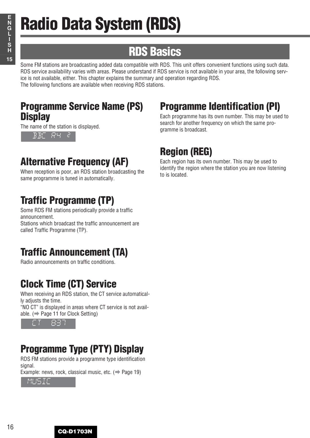 Panasonic CQ-D1703N manual Radio Data System RDS, RDS Basics 