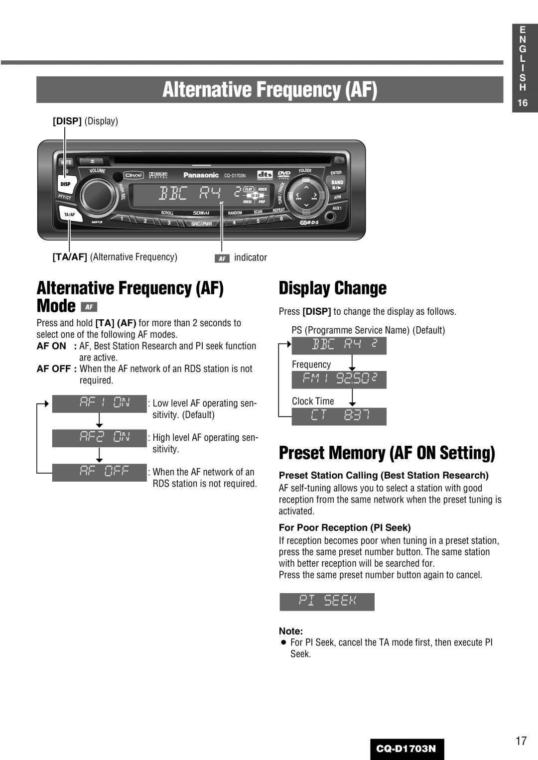 Panasonic CQ-D1703N manual Alternative Frequency AF, Display Change, Disp Display TA/AF Alternative Frequency 