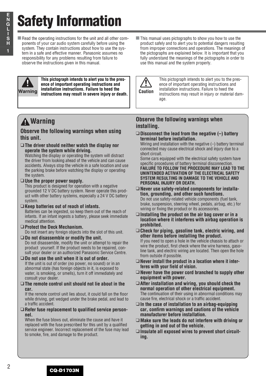 Panasonic CQ-D1703N manual Safety Information, Observe the following warnings when using this unit 