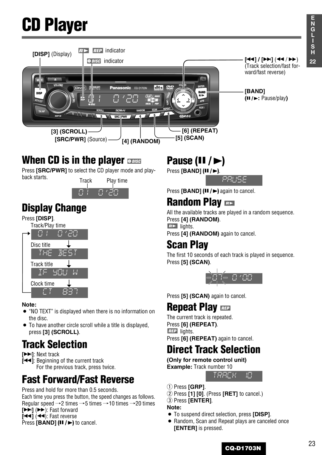 Panasonic CQ-D1703N manual CD Player 