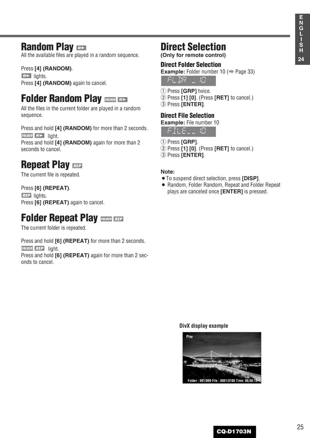 Panasonic CQ-D1703N manual Folder Random Play, Direct Selection, Folder Repeat Play, Direct Folder Selection 