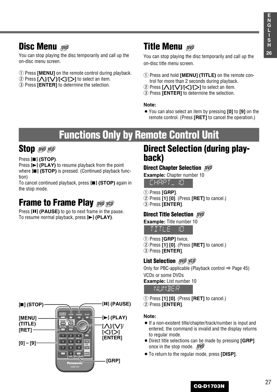 Panasonic CQ-D1703N Functions Only by Remote Control Unit, Disc Menu DVD, Title Menu DVD, Frame to Frame Play DVD VCD 