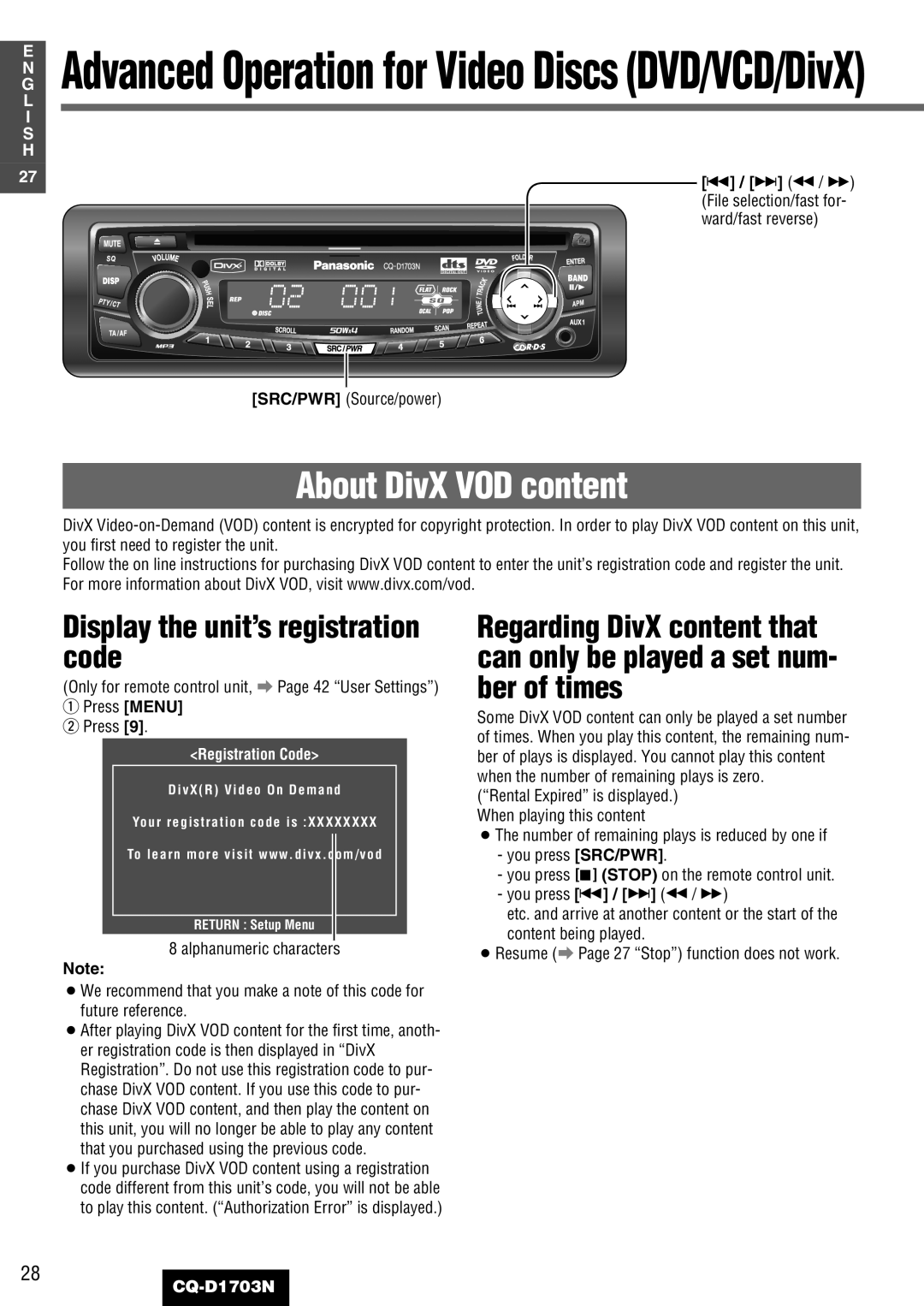 Panasonic CQ-D1703N About DivX VOD content, Display the unit’s registration code, Press Menu w Press, Registration Code 