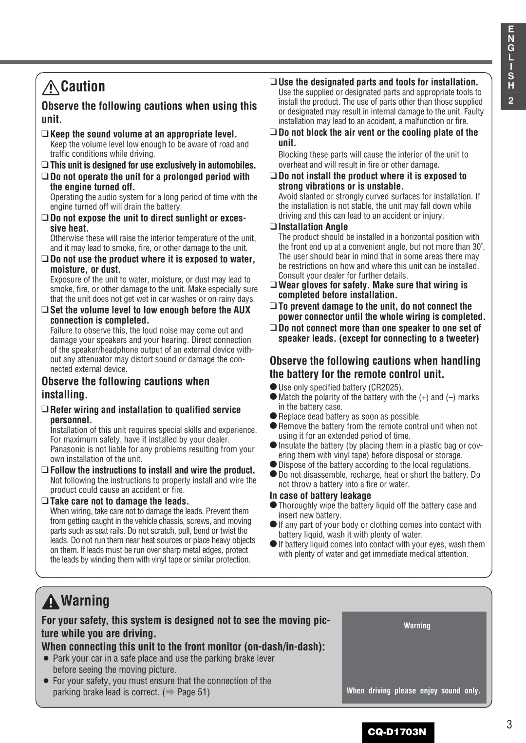 Panasonic CQ-D1703N Observe the following cautions when using this unit, Observe the following cautions when installing 