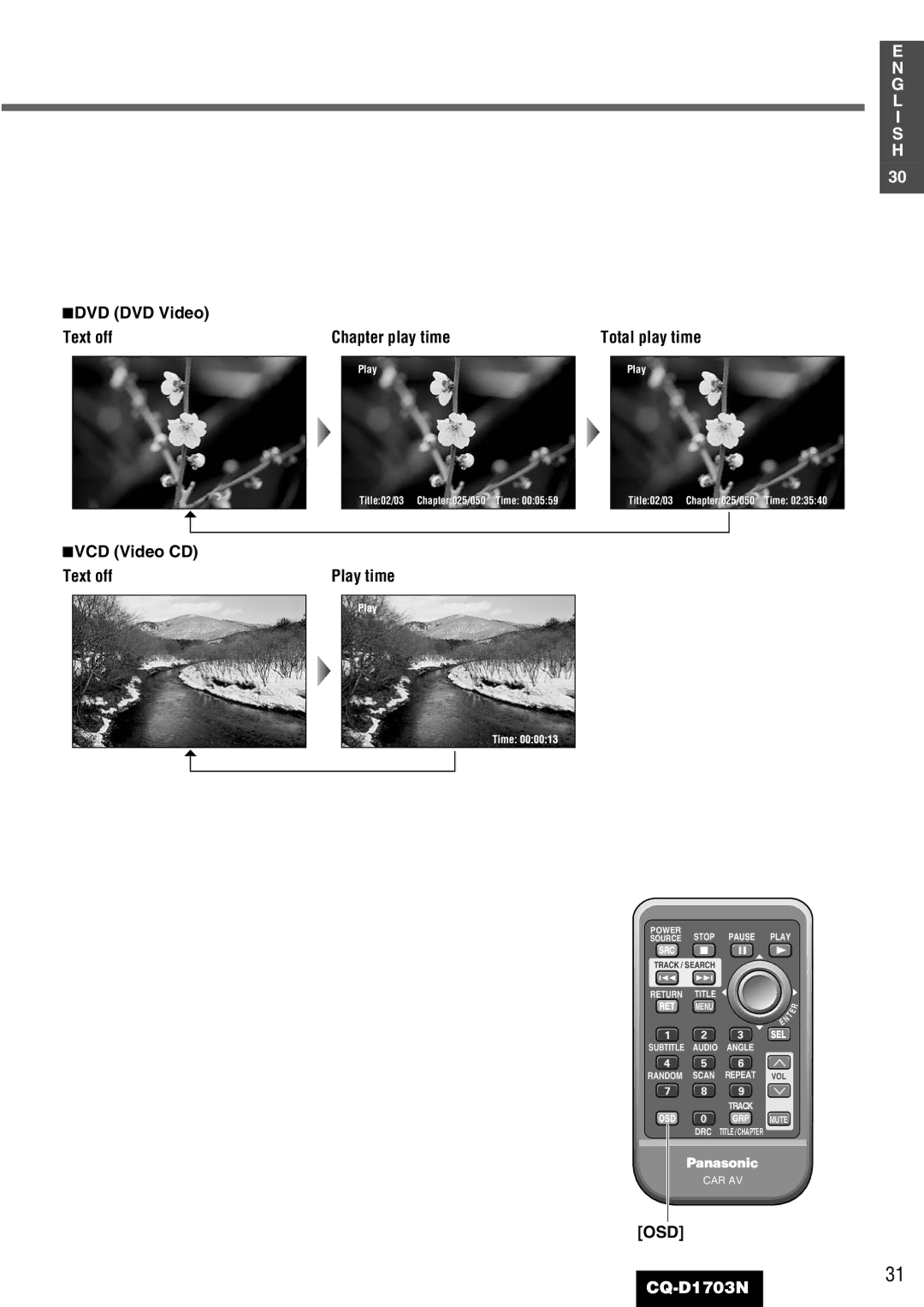 Panasonic CQ-D1703N 301, 3DVD DVD Video Text off Chapter play time, Total play time, 3VCD Video CD Text off Play time, Osd 