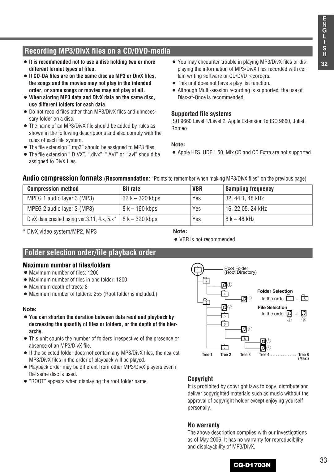 Panasonic CQ-D1703N manual Supported file systems, Maximum number of files/folders, Copyright, No warranty, Vbr 