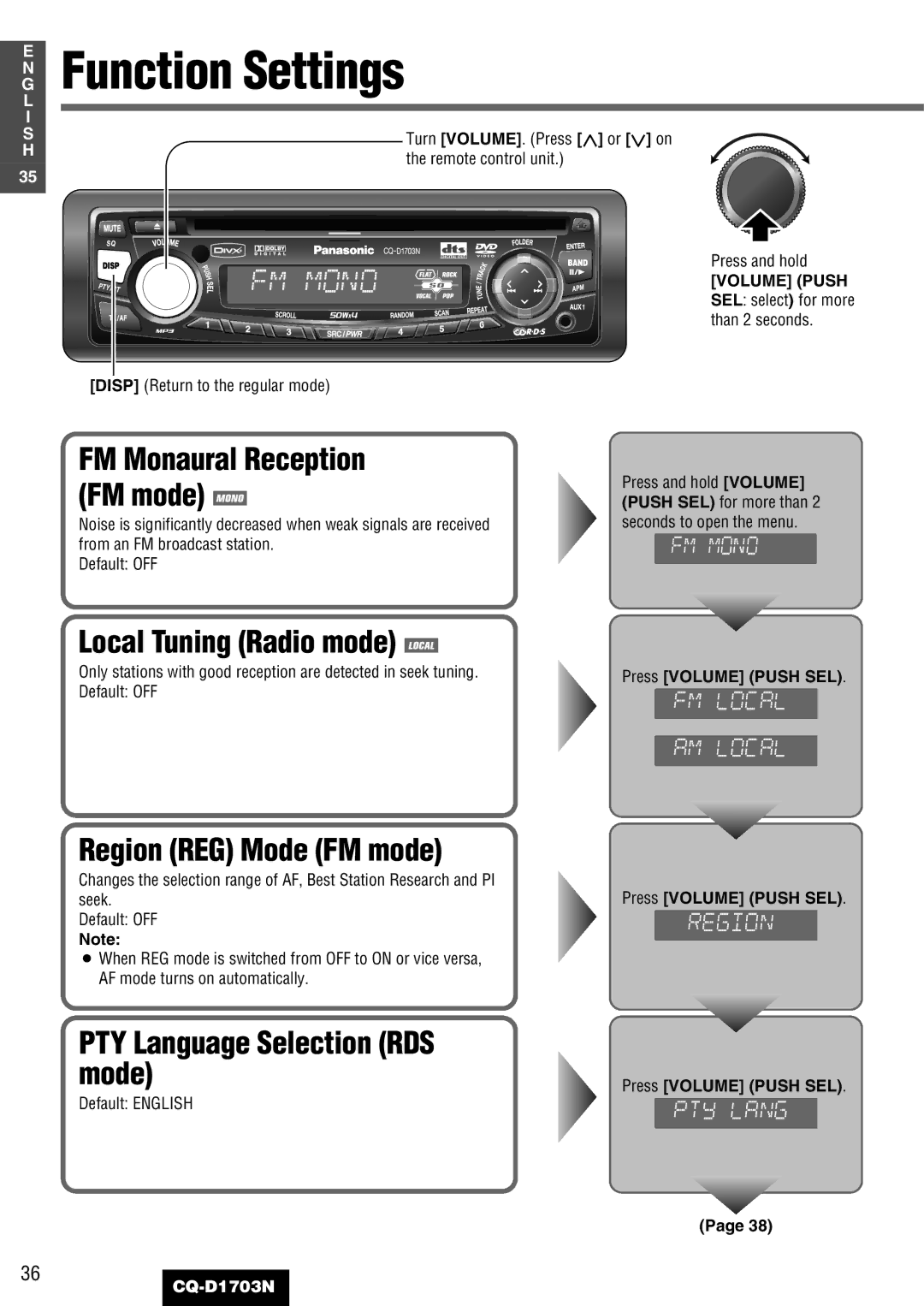 Panasonic CQ-D1703N Function Settings, Local Tuning Radio mode, Region REG Mode FM mode, PTY Language Selection RDS Mode 