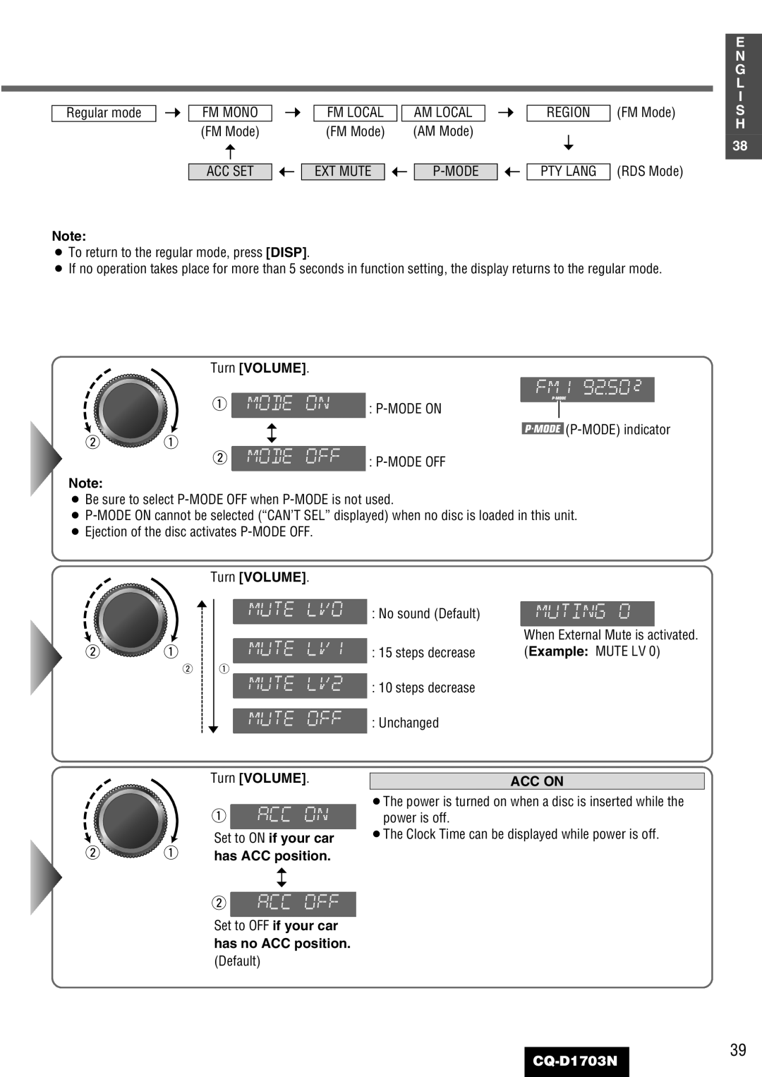 Panasonic CQ-D1703N manual No sound Default Steps decrease Unchanged, Has ACC position, ACC on 