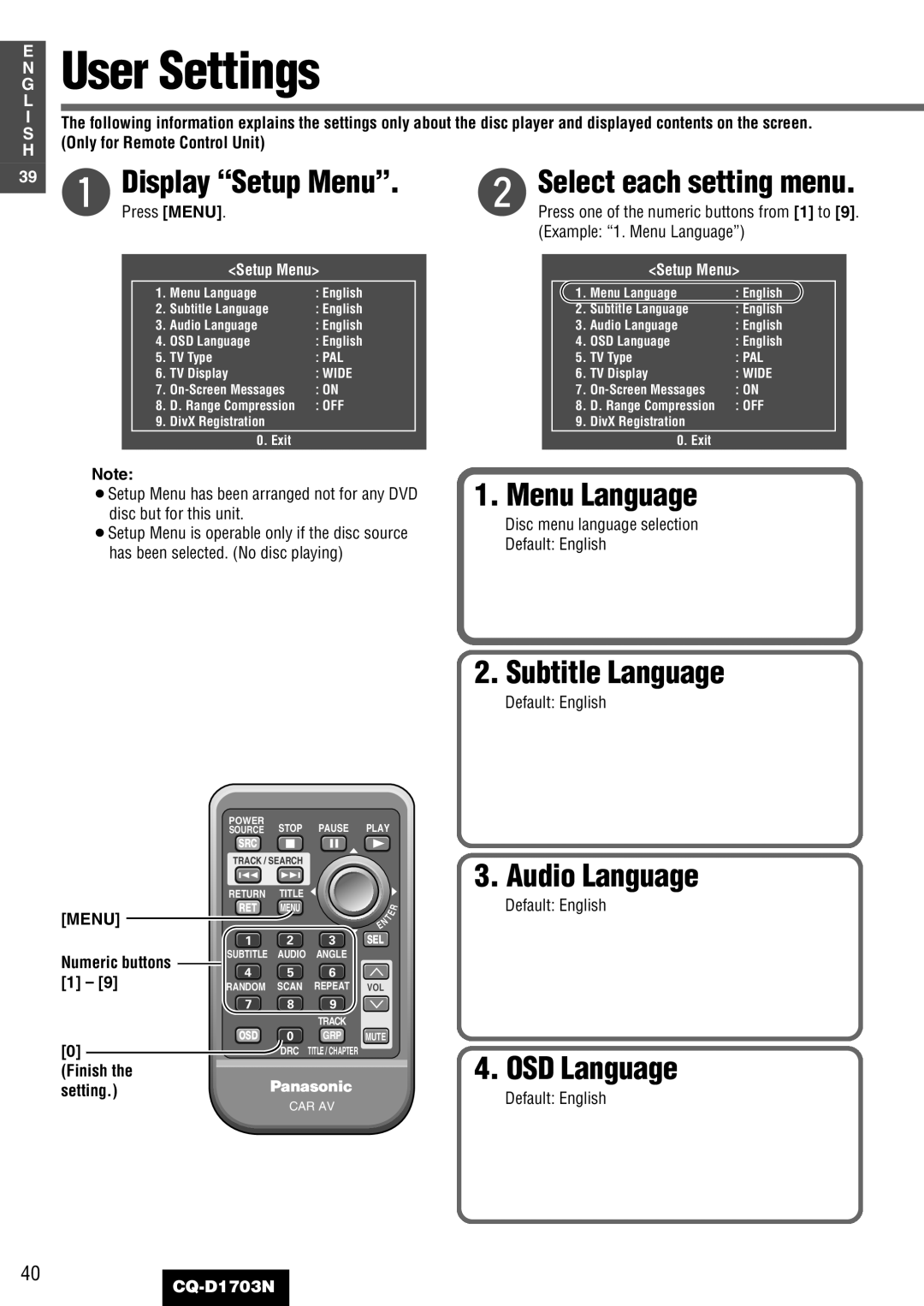 Panasonic CQ-D1703N manual User Settings 