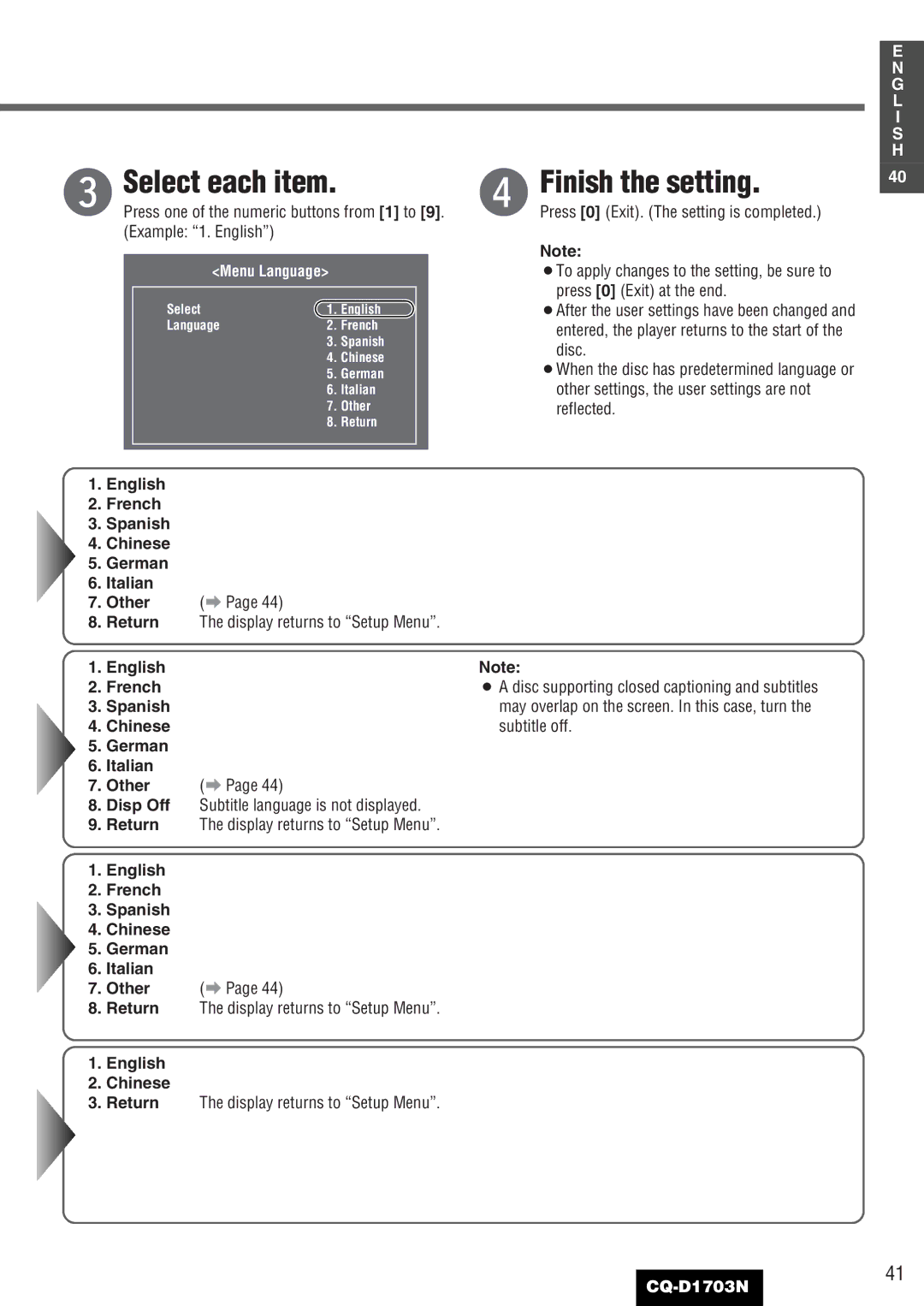 Panasonic CQ-D1703N manual Finish the setting, Example 1. English, English French Spanish Chinese German Italian Other 