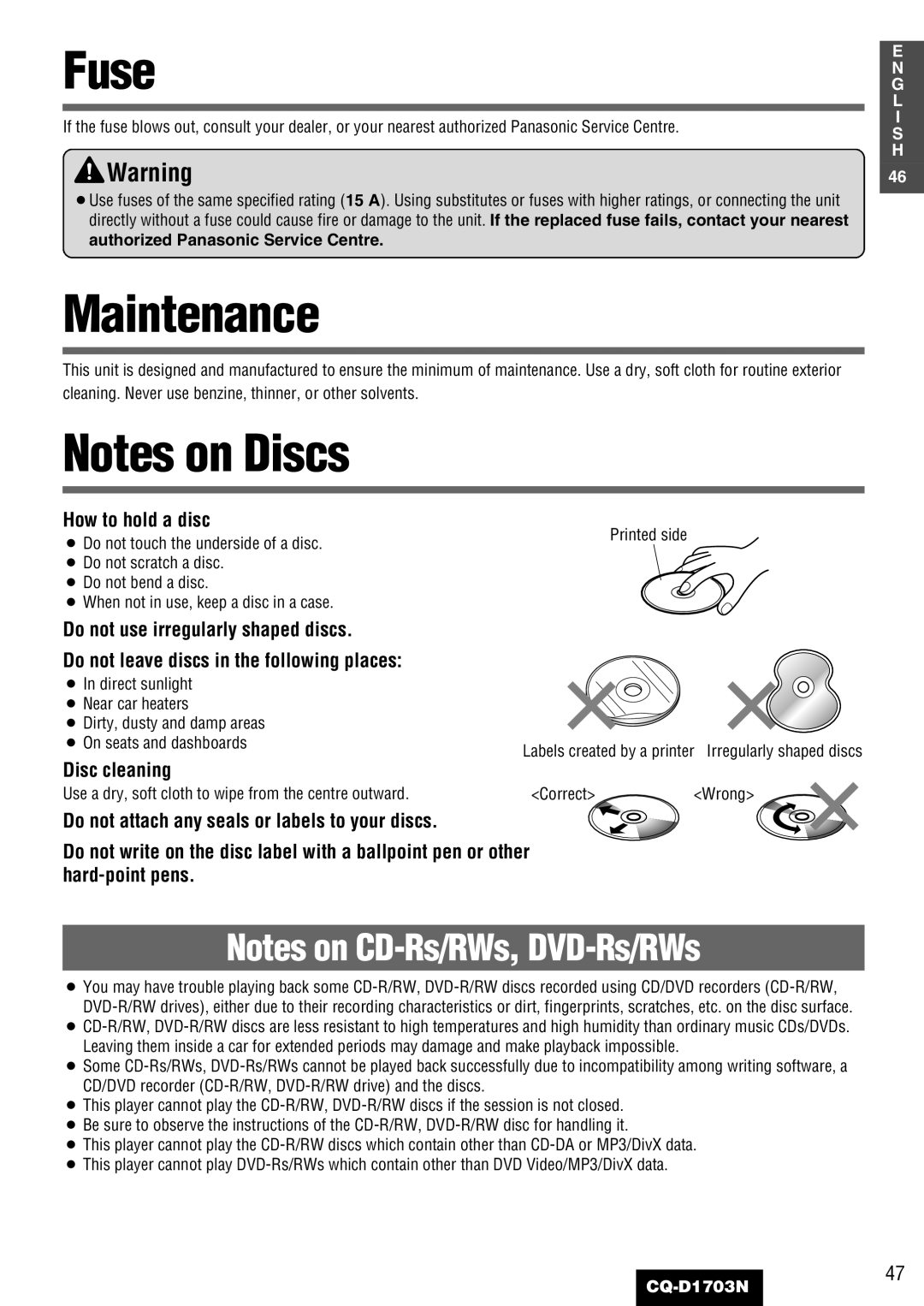 Panasonic CQ-D1703N manual Fuse, Maintenance, How to hold a disc, Disc cleaning, 461 