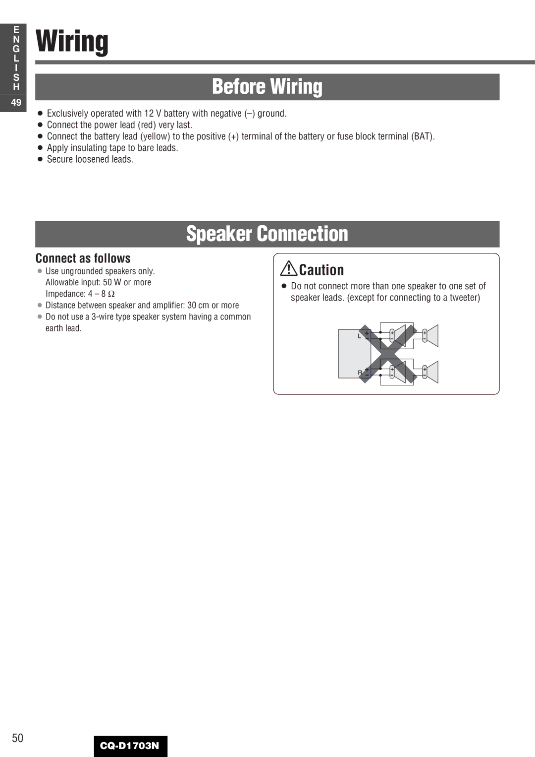 Panasonic CQ-D1703N manual Before Wiring, Speaker Connection 