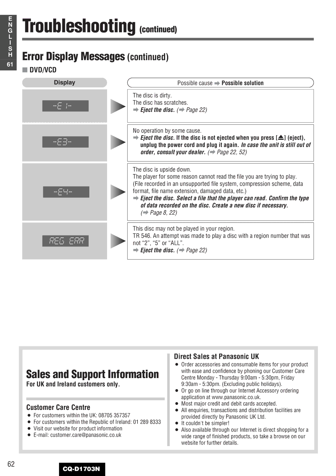 Panasonic CQ-D1703N manual Sales and Support Information, Customer Care Centre, For UK and Ireland customers only 