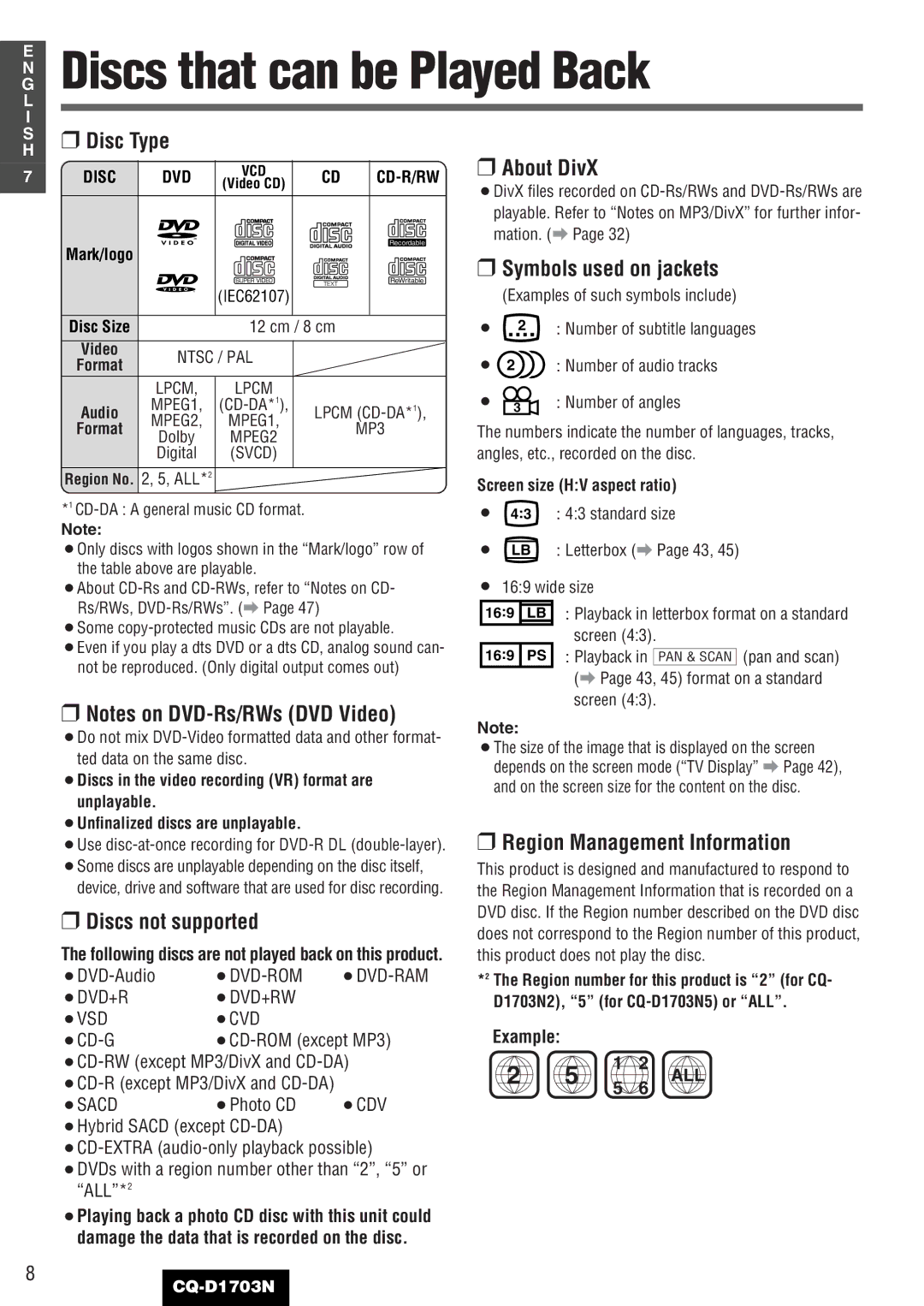 Panasonic CQ-D1703N manual Discs that can be Played Back, Disc DVD, Cd-R/Rw 