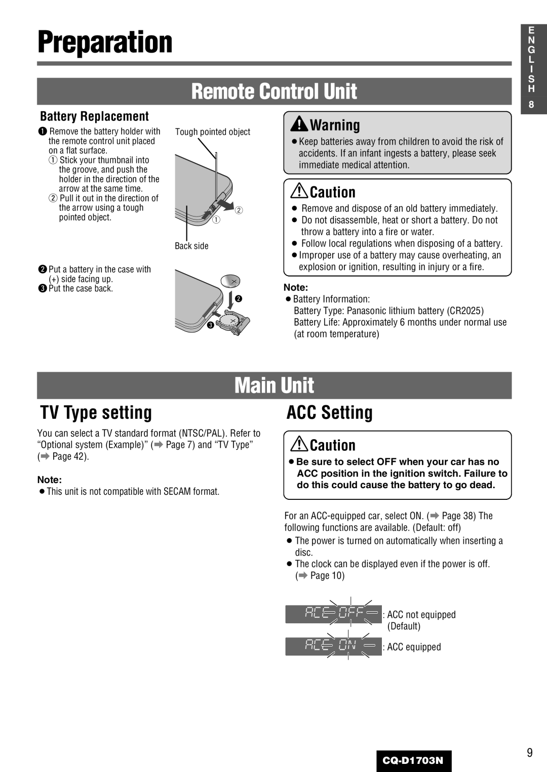 Panasonic CQ-D1703N manual Preparation, Remote Control Unit, Main Unit, TV Type setting, ACC Setting 