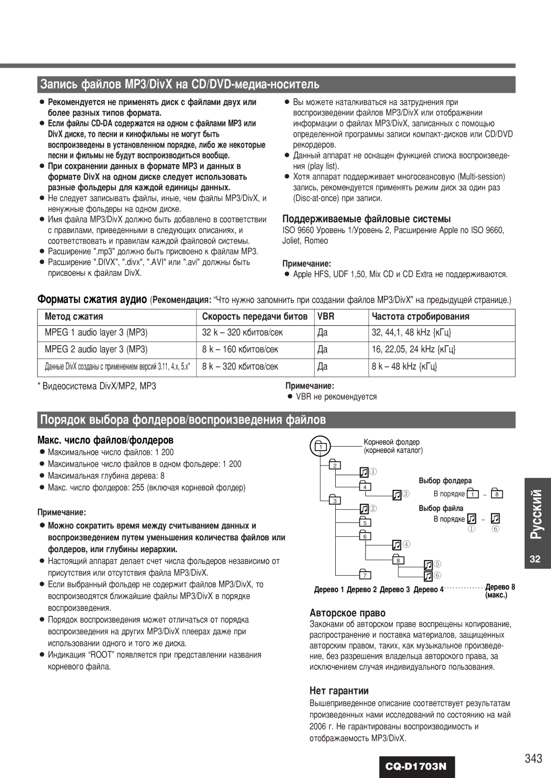 Panasonic CQ-D1703N manual 343, Èó‰‰Âêë‚‡Âï˚Â Ù‡Èîó‚˚Â Òëòúâï˚, ‡Íò. ˜Ëòîó Ù‡Èîó‚/Ùóî‰Âó‚, Çâú „‡‡Ìúëë, Vbr 