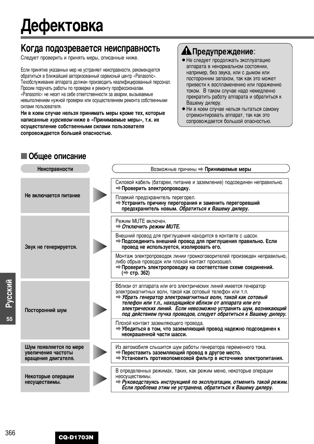 Panasonic CQ-D1703N manual ·˘Ââ Óôëò‡Ìëâ, ÄÓ„‰‡ ÔÓ‰ÓÁÂ‚‡ÂÚÒﬂ ÌÂËÒÔ‡‚ÌÓÒÚ¸, 366 