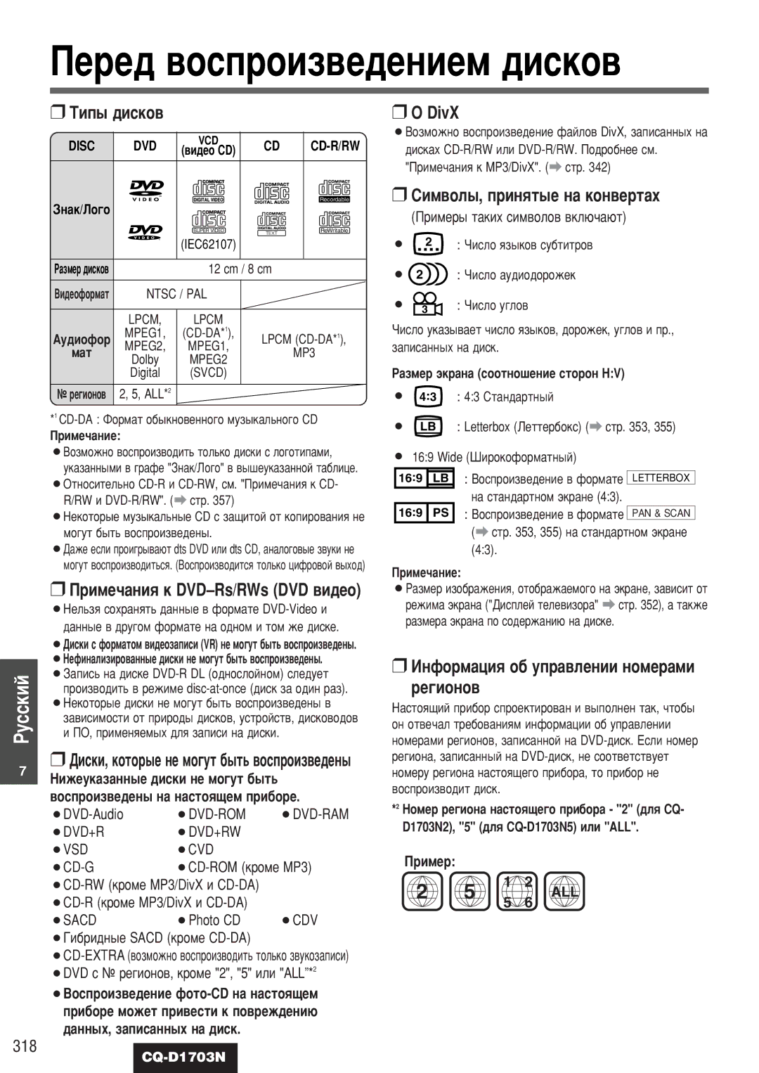 Panasonic CQ-D1703N manual Íëô˚ ‰Ëòíó‚, DivX, ËËÏ‚ÓÎ˚, ÔËÌﬂÚ˚Â Ì‡ ÍÓÌ‚ÂÚ‡ı, ÀÌÙÓÏ‡ˆËﬂ Ó· ÛÔ‡‚ÎÂÌËË ÌÓÏÂ‡ÏË, 318 