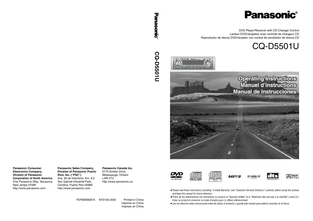 Panasonic CQ-D5501U operating instructions Ambler Drive, Division of Panasonic Rico, Inc. PSC, Mississauga, Ontario 