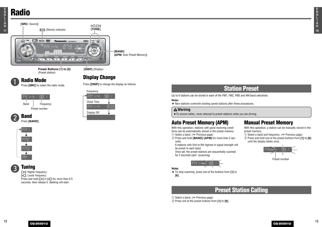 Panasonic CQ-D5501U operating instructions Radio Mode, Display Change, Auto Preset Memory APM, Manual Preset Memory 