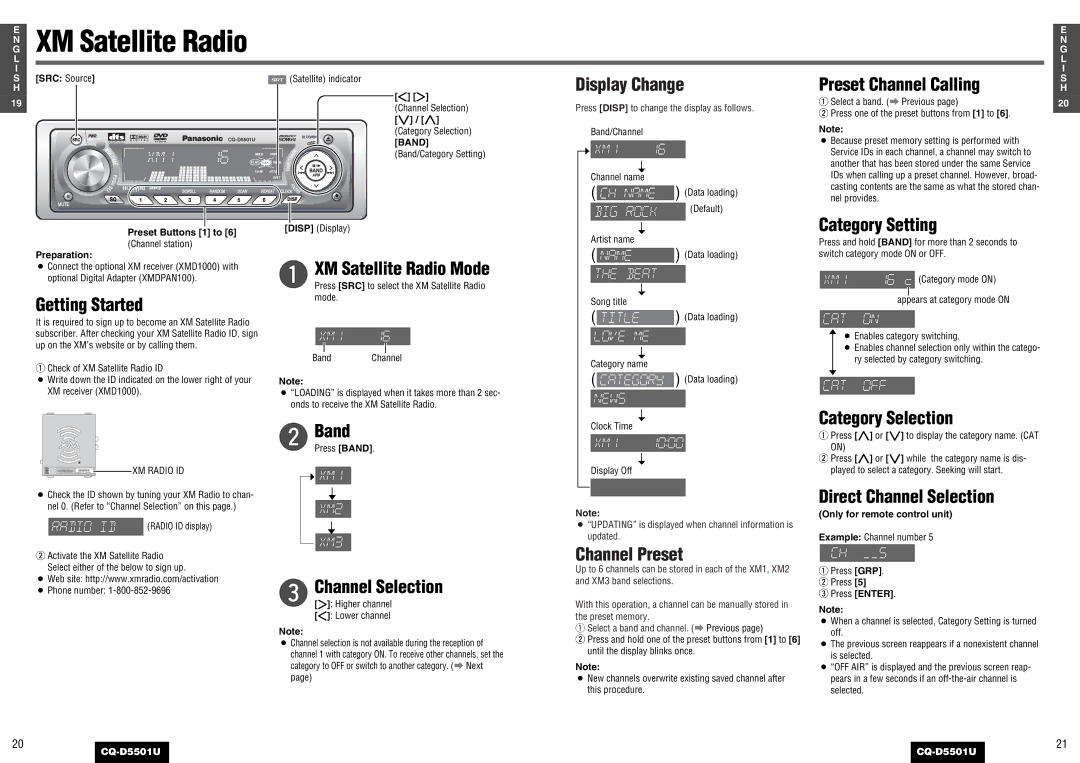 Panasonic CQ-D5501U operating instructions XM Satellite Radio 