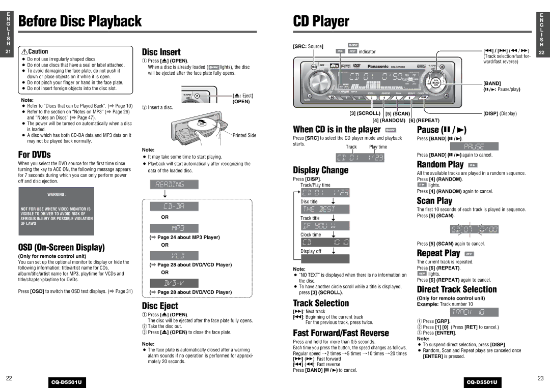 Panasonic CQ-D5501U operating instructions Before Disc Playback, CD Player 