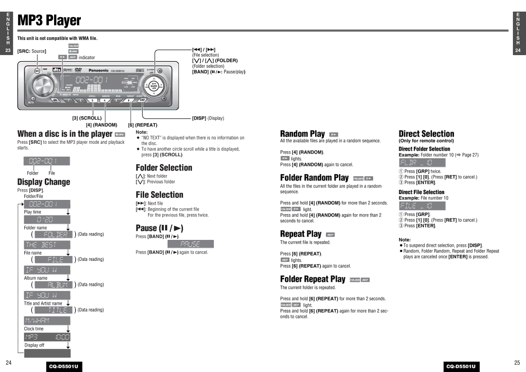 Panasonic CQ-D5501U operating instructions MP3 Player, Folder Random Play, Direct Selection, Folder Repeat Play 