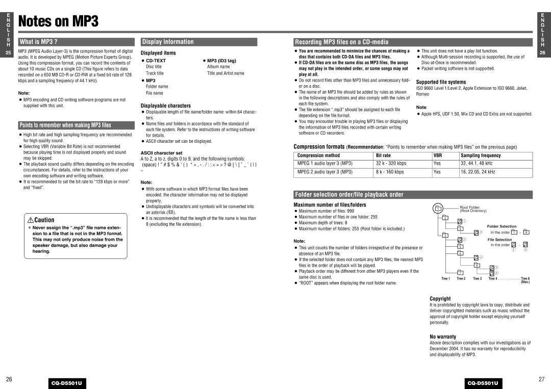 Panasonic CQ-D5501U Displayed items, Supported file systems, Displayable characters, Copyright, No warranty 