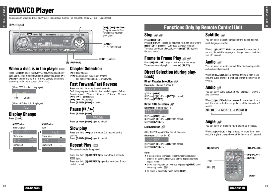 Panasonic CQ-D5501U operating instructions DVD/VCD Player 