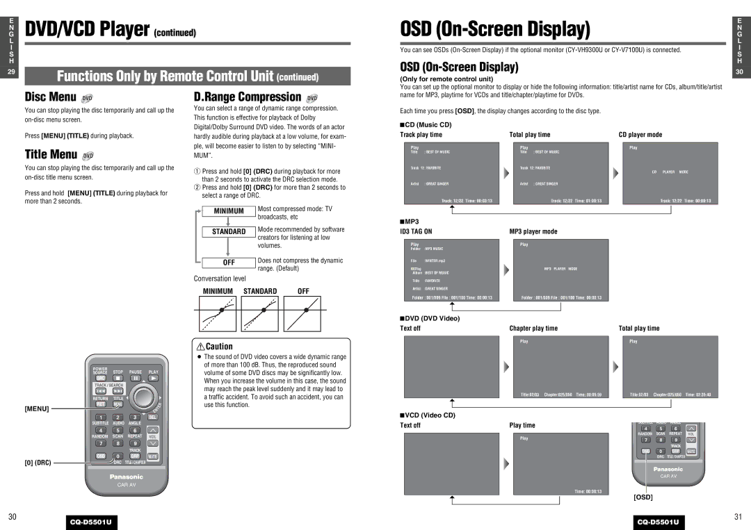 Panasonic CQ-D5501U operating instructions OSD On-Screen Display, Disc Menu DVD, Title Menu DVD, Range Compression DVD 