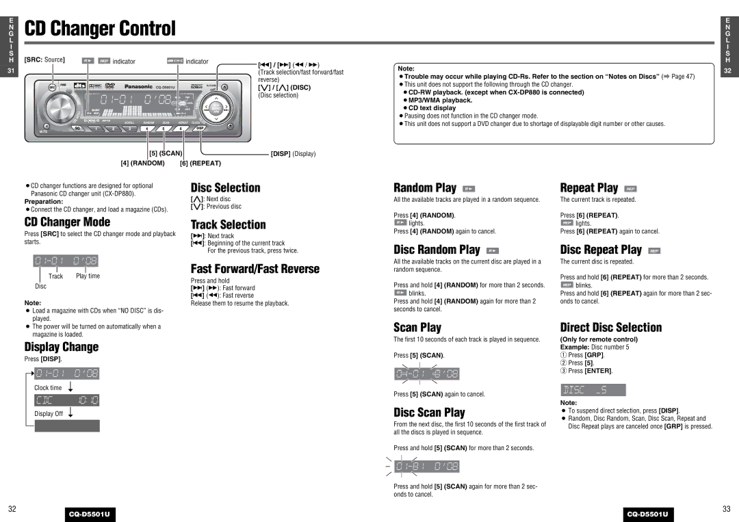 Panasonic CQ-D5501U CD Changer Mode Track Selection, Disc Random Play Disc Repeat Play, Direct Disc Selection 