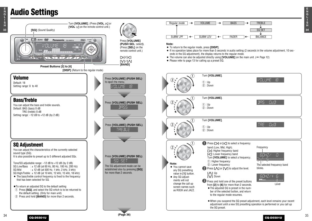 Panasonic CQ-D5501U operating instructions Audio Settings, Bass/Treble, SQ Adjustment 