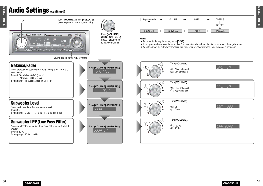 Panasonic CQ-D5501U operating instructions Audio Settings, Balance/Fader, Subwoofer Level, Subwoofer LPF Low Pass Filter 