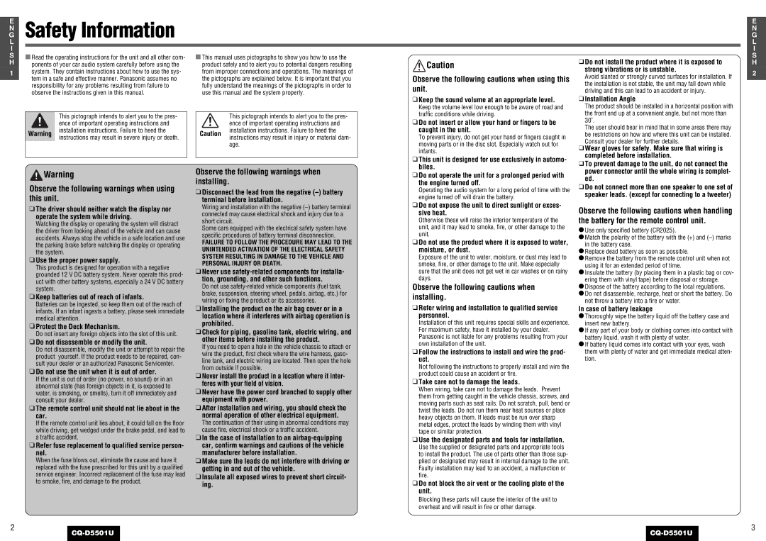 Panasonic CQ-D5501U operating instructions Safety Information, Observe the following cautions when using this unit 