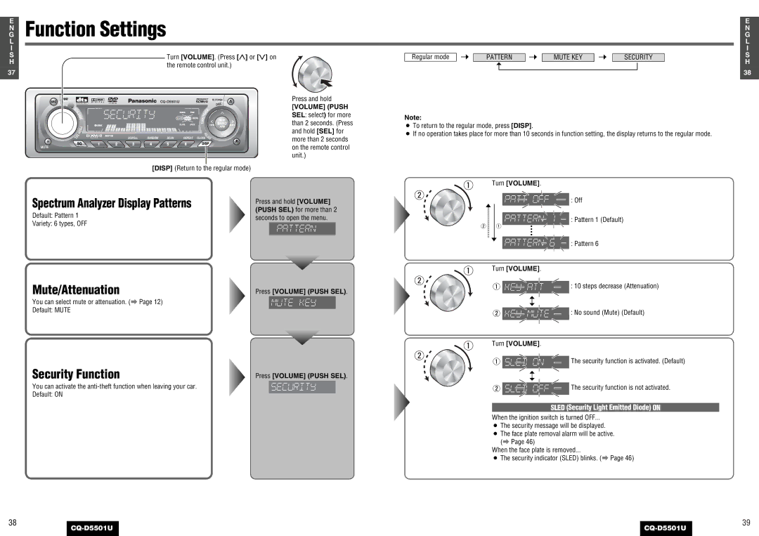 Panasonic CQ-D5501U operating instructions Function Settings, Security Function, Pattern Mute KEY Security 