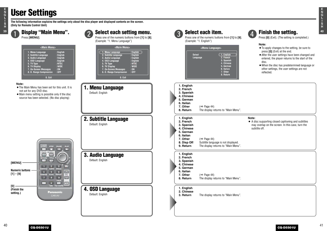 Panasonic CQ-D5501U operating instructions User Settings 