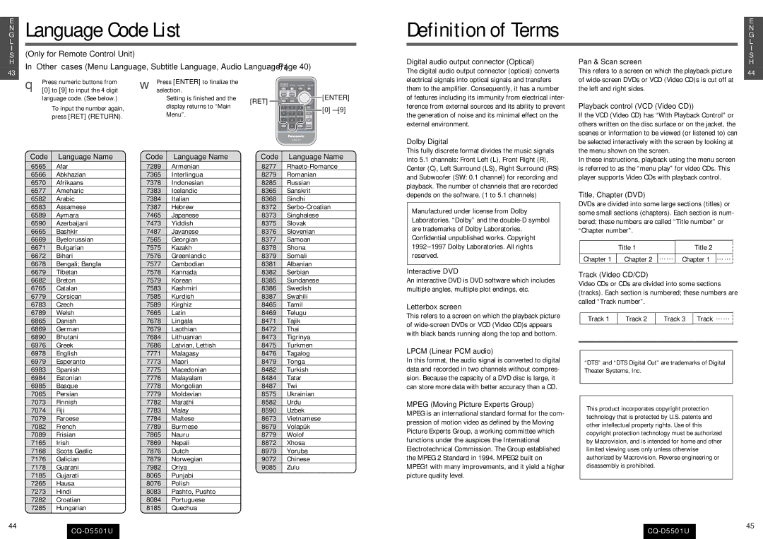 Panasonic CQ-D5501U operating instructions Language Code List 