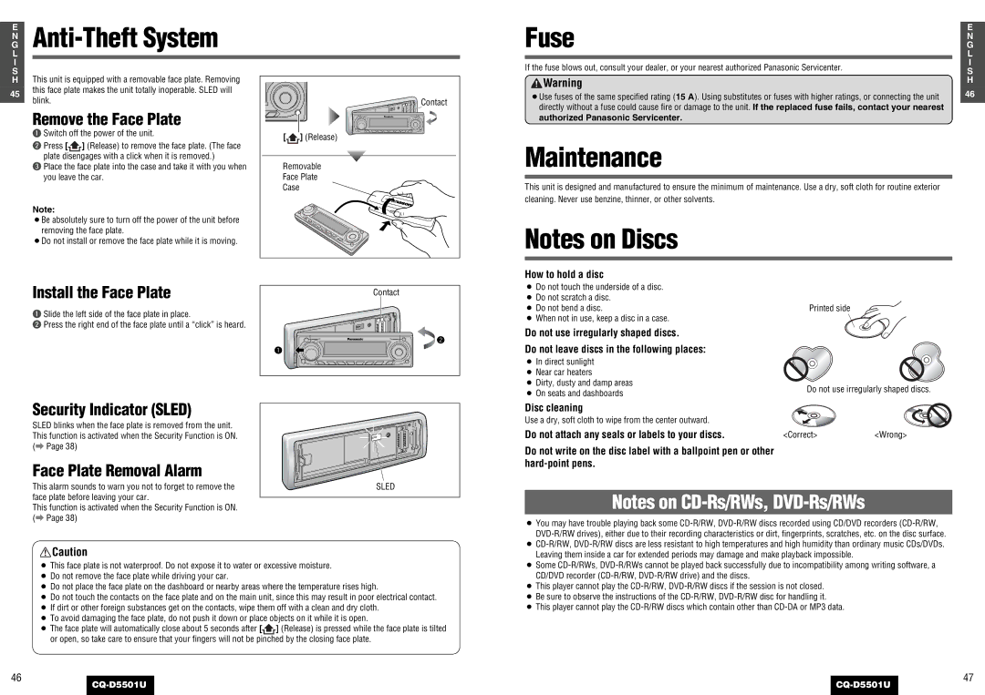 Panasonic CQ-D5501U operating instructions Anti-Theft System, Fuse, Maintenance 