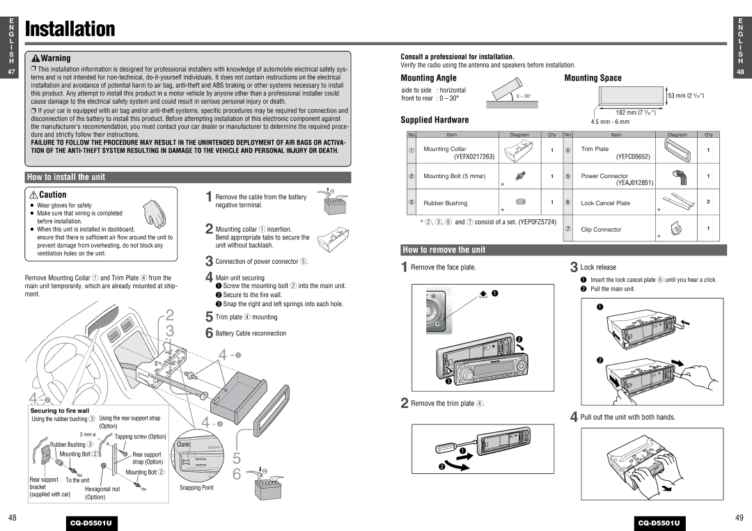 Panasonic CQ-D5501U Installation, Consult a professional for installation, Horizontal, Front to rear, YEFX0217263 