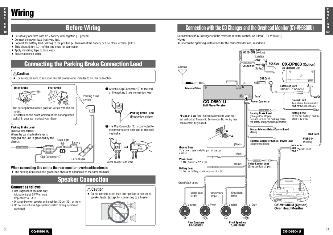 Panasonic CQ-D5501U operating instructions Wiring, CY-VH9300U Option, Hand brake, Parking Brake Lead 