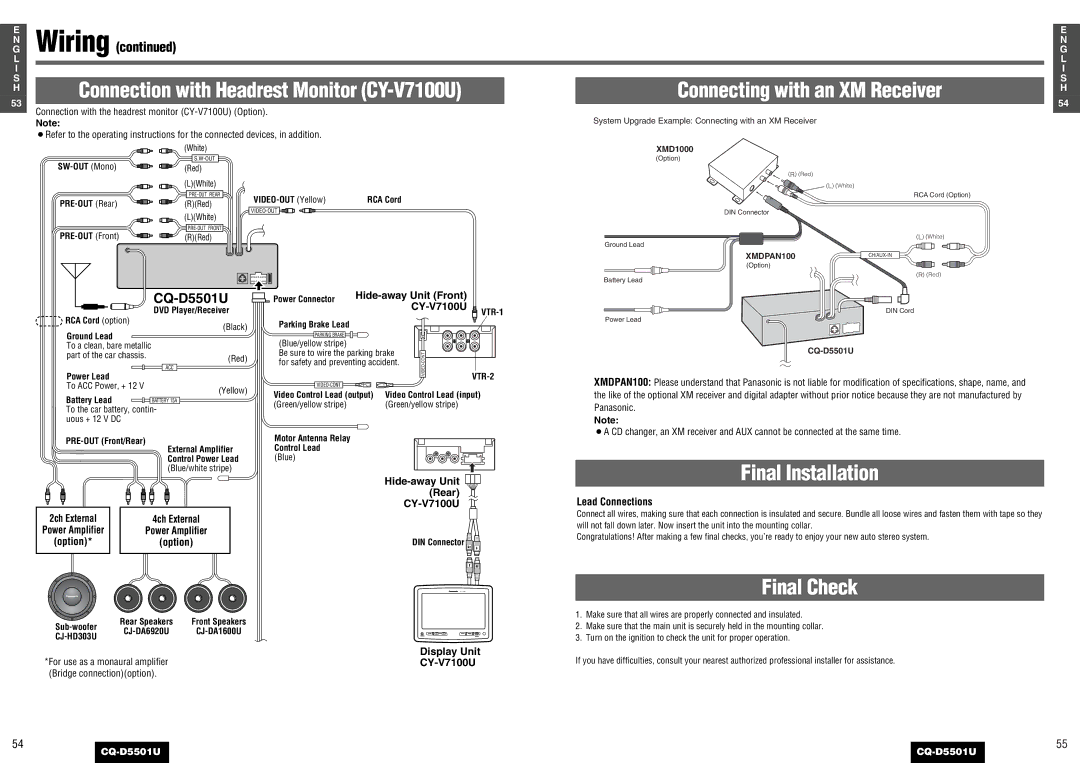 Panasonic CQ-D5501U operating instructions Hide-away Unit Front CY-V7100U, Lead Connections 