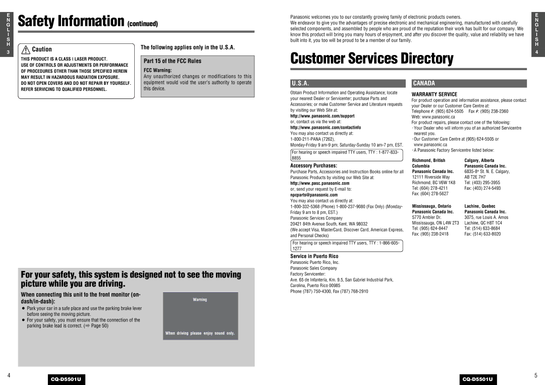 Panasonic CQ-D5501U Safety Information, Customer Services Directory, Accessory Purchases, Service in Puerto Rico 