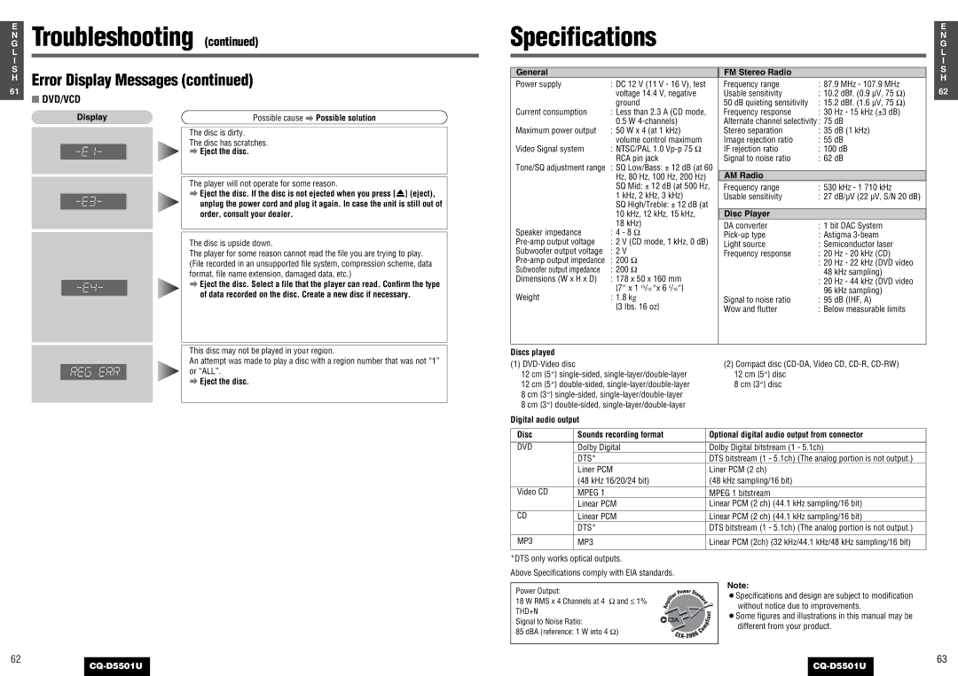 Panasonic CQ-D5501U operating instructions Specifications, Error Display Messages 