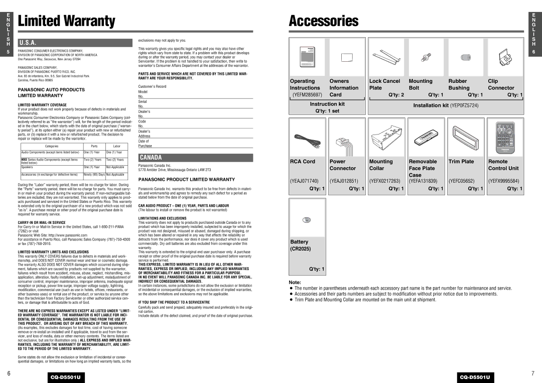 Panasonic CQ-D5501U operating instructions Limited Warranty, RCA Cord, Collar, Removable Face Plate Case, Trim Plate 